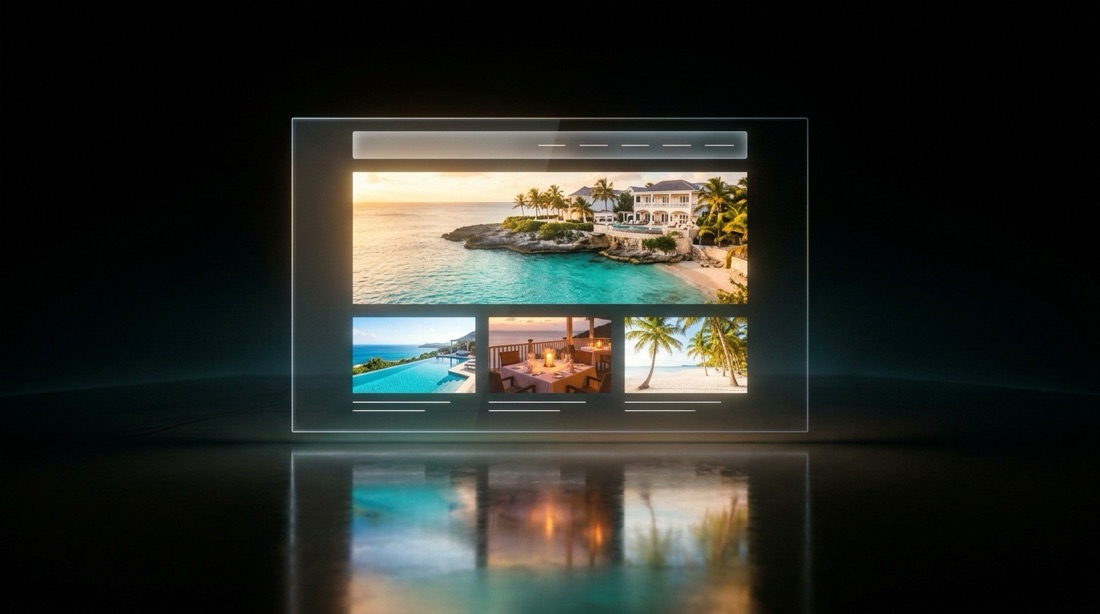 A finished website glowing on a floating glass panel