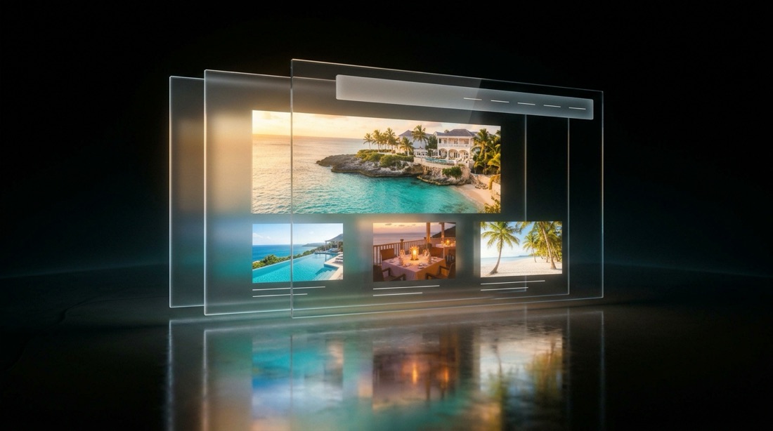 The same website separated into floating 3D glass layers